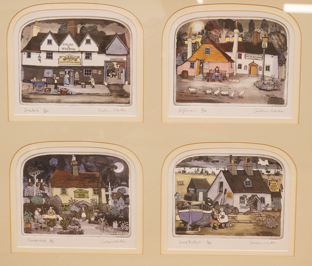 Graham Clarke (b.1941), set of four etchings with aquatint, comprising 'Drakes', 'Rifleman', 'Gardeners' and 'Good intent', each signed in pencil, each limited edition 6/500, sheet uncut, 54 x 60cm overall